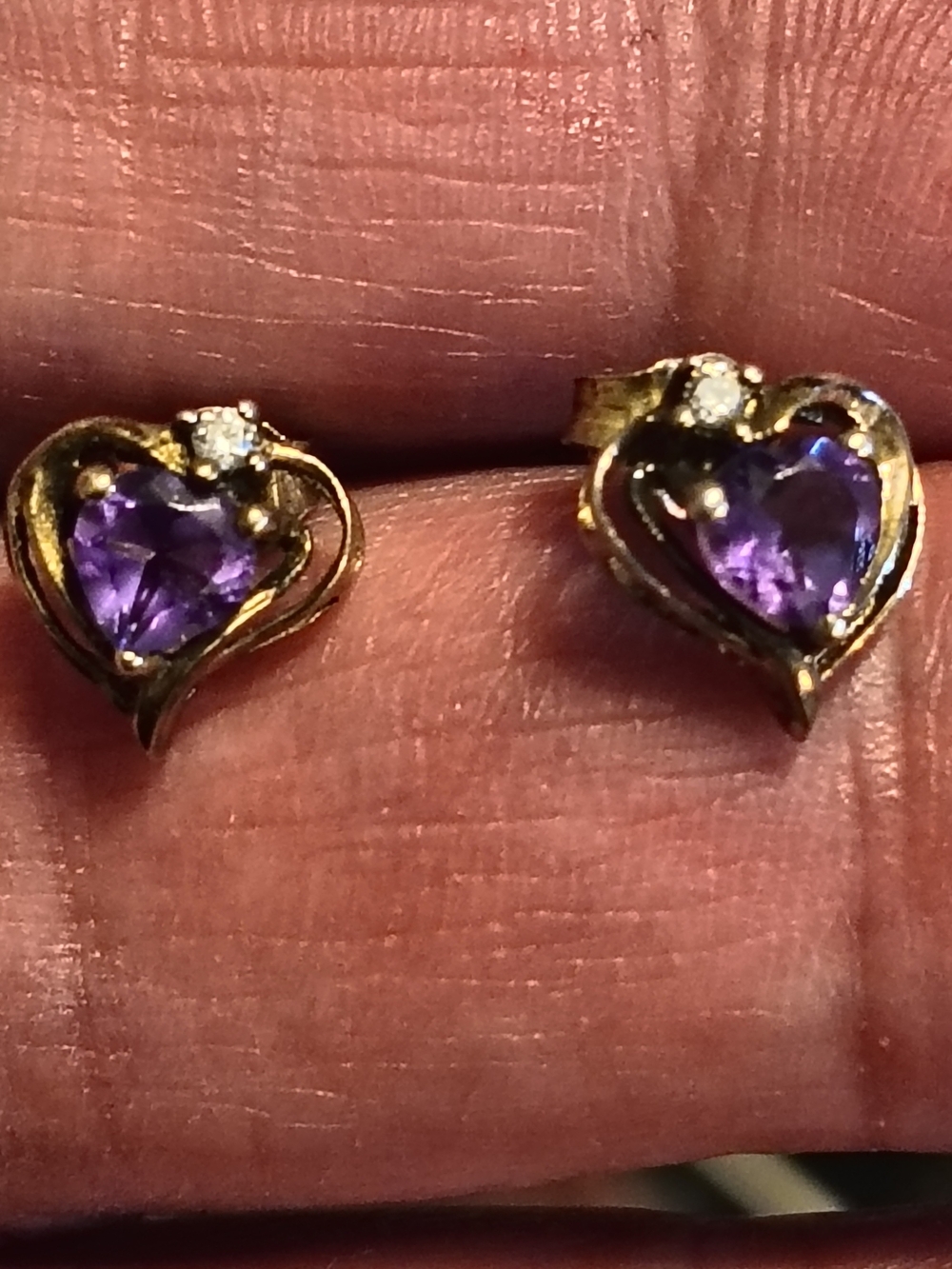 Vintage Rose Gold Over Sterling Amethyst And Diamond Heart Stud Earrings Signed